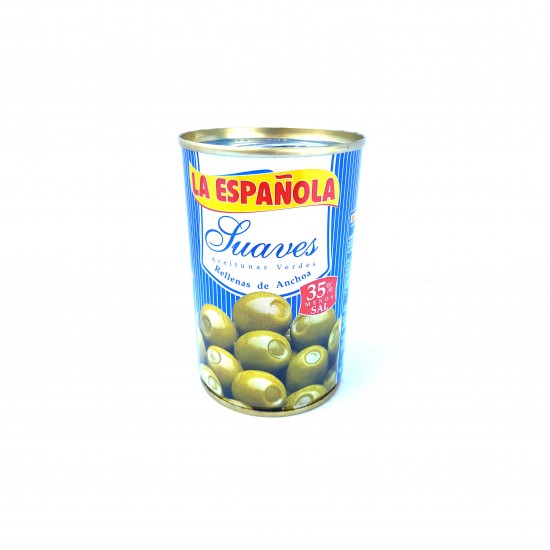 Alyvuogės žaliosios manzanilla rūšies įdarytos ančiuviais su mažiau druskos La Espanola Alyvuogės žaliosios manzanilla rūšies įdarytos ančiuviais su mažiau druskos La Espanola